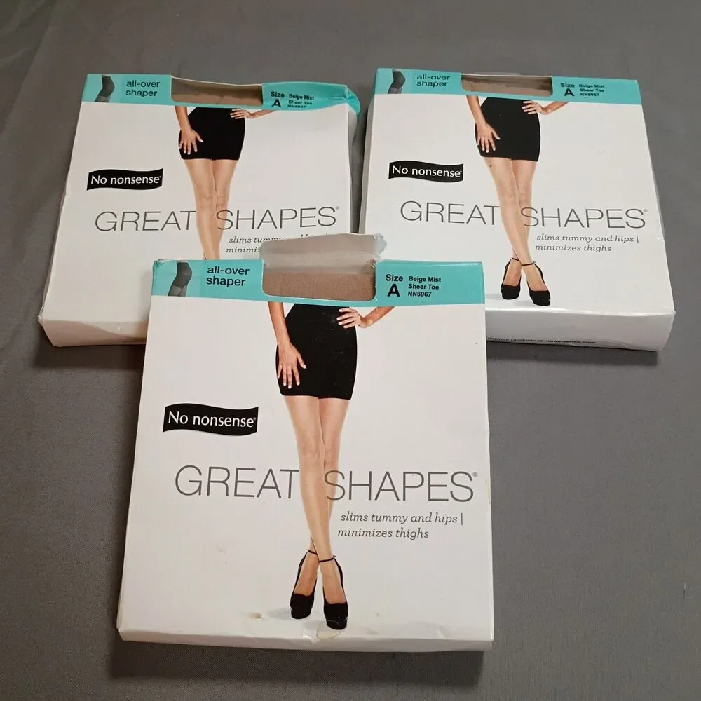 No nonsense Great Shapes All-Over Shaper Pantyhose A Beige Mist Sheer Toe 3 Lot